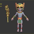 3D Blue Mythical Warrior Character With Golden Green Helmet And Red Gold Ornamental Weapon