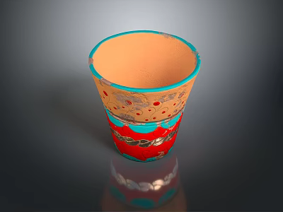 Hand Carved Colorful Cup Shaped Sculpture With Orange Blue Red Decorative Patterns 3d model