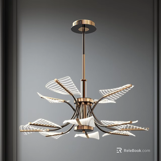 Modern Leaf Shaped Chandelier with Brass Frame and White Lighting Shades 3d model 
