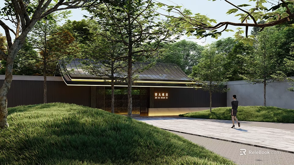 Modern Entrance Gate Surrounded By Trees Grass With Illuminated Roof And Pedestrian Walking 3d model 