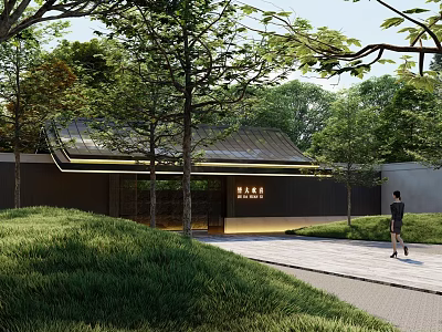 Modern Entrance Gate Surrounded By Trees Grass With Illuminated Roof And Pedestrian Walking 3d model