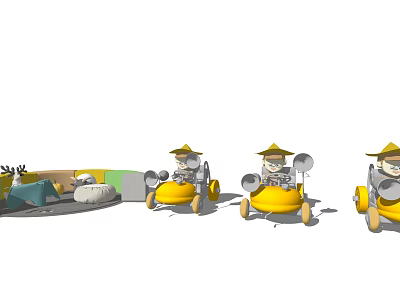 Playful Yellow Minion Toy Characters With Hats And Small Carts Design 3d model