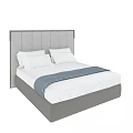 Modern Double Bed with Grey Striped Headboard White Pillows and Navy Blue Blanket