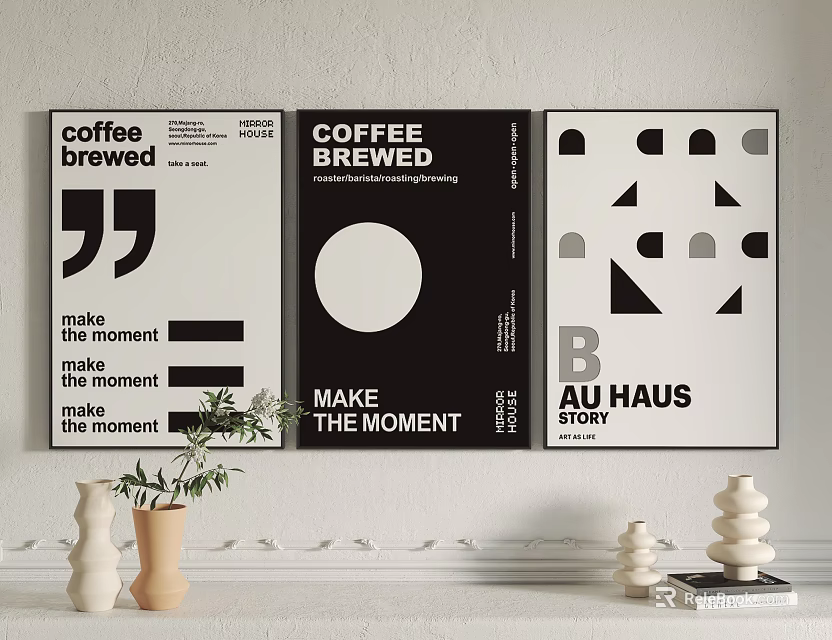 Coffee Brewed Posters With Geometric Patterns And Decorative Vases On Wall 3d model