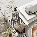 Elegant Washing Essentials Arrangement with Rolled Towels Glass Vase and Wooden Trays