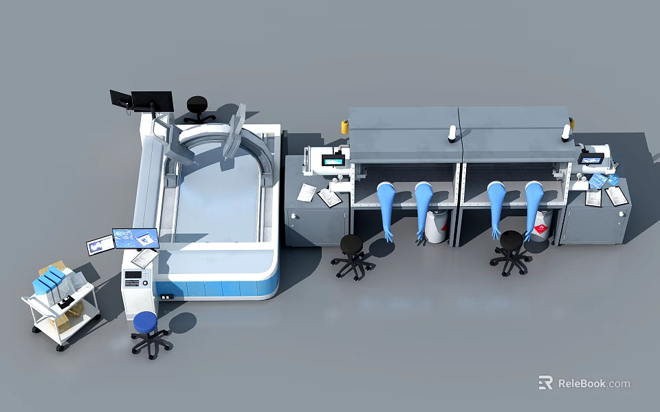 Medical Equipment Setup with X ray Machine Workstation and Chairs in Healthcare Facility 3d model 