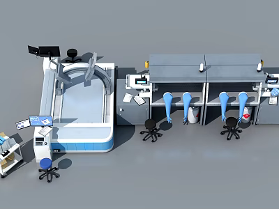 Medical Equipment Setup with X ray Machine Workstation and Chairs in Healthcare Facility 3d model