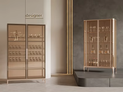 Modern Designer Wine Cabinet With Glass Doors Gold Frame And Wine Glasses 3d model