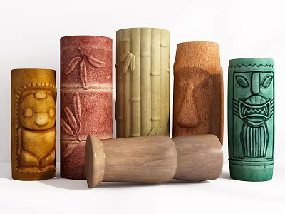 Decorative Ornament Set with Cylindrical Shapes Carved Patterns Various Materials and Diverse Colors 3d model