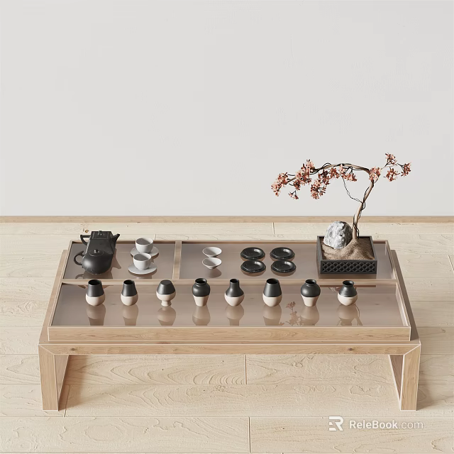 Wooden Frame Glass Top Coffee Table with Tea Set and Red Flower Potted Plant 3d model 
