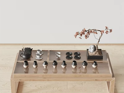 Wooden Frame Glass Top Coffee Table with Tea Set and Red Flower Potted Plant 3d model