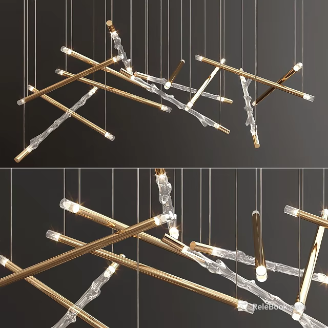 Stylish Modern Chandelier With Intersecting Gold Metal Rods And Clear Crystal Elements 3d model 