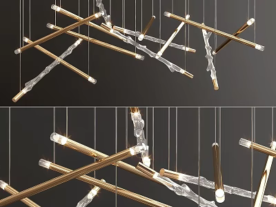 Stylish Modern Chandelier With Intersecting Gold Metal Rods And Clear Crystal Elements 3d model