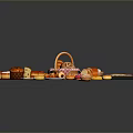 Fresh Assorted Baked Goods with Bread Pastries Donuts Pizza Bread Basket and Rolling Pin