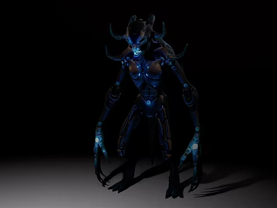 Blue Glowing Horned Game Movie Character With Clawed Arms And Mechanical Body 3d model