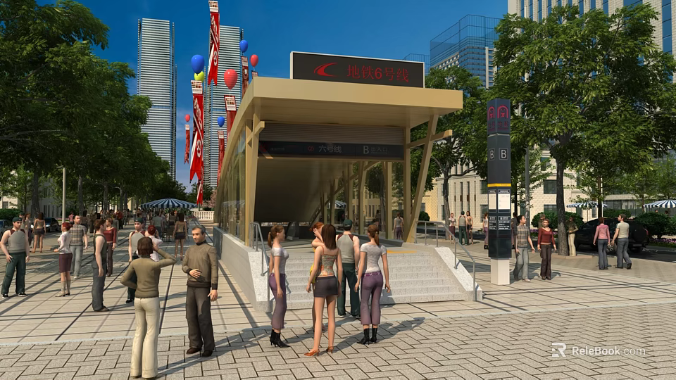 Modern Urban Station Entrance With Tall Buildings Flags Balloons And People Gathering 3d model 