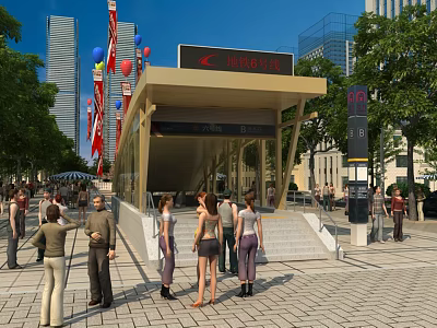 Modern Urban Station Entrance With Tall Buildings Flags Balloons And People Gathering 3d model