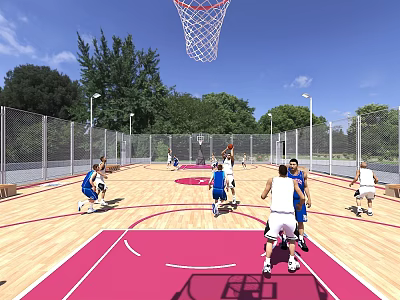 Outdoor Basketball Court Featuring Wooden Floor Pink Lines And Players Playing 3d model