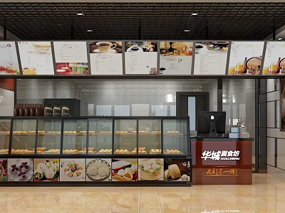 Dessert Shop Interior With Glass Display Cases Fresh Desserts And Wall Menus 3d model