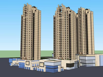 Modern High rise Residential Buildings Exterior Design Featuring Commercial Podium And Glass Curtain Walls 3d model