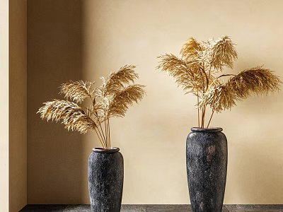 Potted Plants with Dried Reeds in Dark Vases on Beige Wall and Dark Countertop 3d model