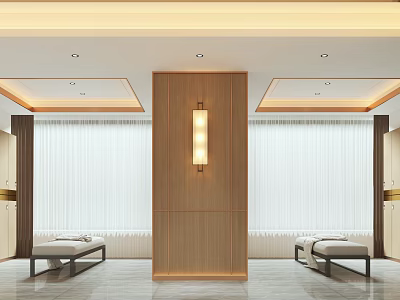 Modern Elegant Hotel Guest Room With Wooden Partition White Curtains Window Benches And Recessed Lighting 3d model