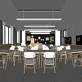 School Modern Bright Classroom with Wooden Desks White Chairs Blackboard and Colorful Posters