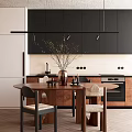 Modern Wooden Dining Table Set With Upholstered Chairs Black Cabinets Pendant Lights And Vase Greenery