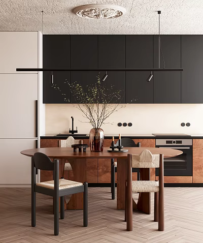 Modern Wooden Dining Table Set With Upholstered Chairs Black Cabinets Pendant Lights And Vase Greenery 3d model