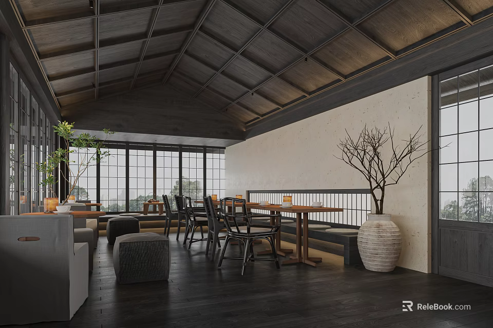 Modern Café Interior With Wooden Ceiling Large Windows Green Plants and Sofa Seating 3d model 