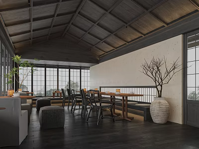 Modern Café Interior With Wooden Ceiling Large Windows Green Plants and Sofa Seating 3d model