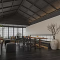 Modern Café Interior With Wooden Ceiling Large Windows Green Plants and Sofa Seating