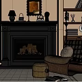 Fireplace with burning fire black mantel in cozy living room green armchair bookshelves decorative mirror