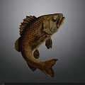 Leaping Brown Wooden Carved Fish With Detailed Scales And Glossy Reflection