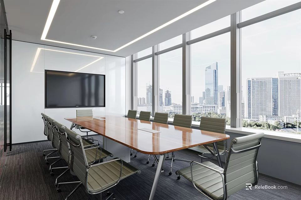 Modern Conference Room Interior With Long Wooden Table Chairs Large Screen And City View Windows 3d model 