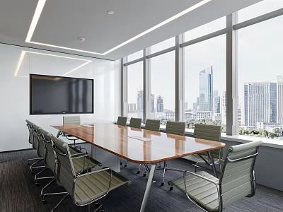 Modern Conference Room Interior With Long Wooden Table Chairs Large Screen And City View Windows 3d model