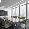 Modern Conference Room Interior With Long Wooden Table Chairs Large Screen And City View Windows