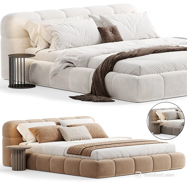 Plush Double Bed With Soft Pillows Warm Blanket And Modern Bedside Table 3d model 