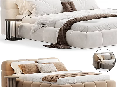 Plush Double Bed With Soft Pillows Warm Blanket And Modern Bedside Table 3d model