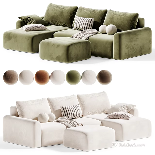 Velvet Upholstered Two Seater Sofa with Striped Round Pillows Ottoman and Multiple Color Options 3d model 