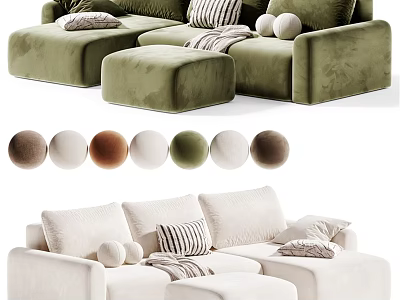 Velvet Upholstered Two Seater Sofa with Striped Round Pillows Ottoman and Multiple Color Options 3d model