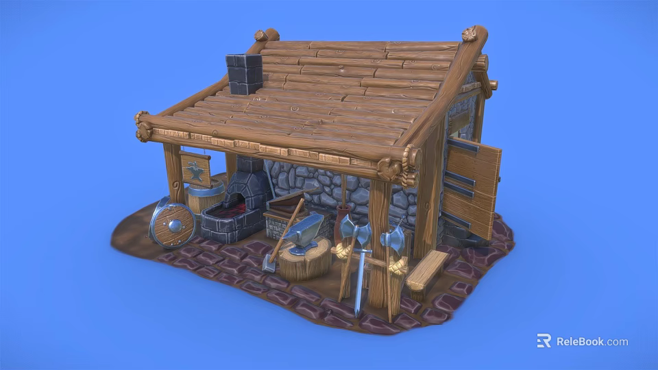 Cartoon Wooden Cabin Scene with Stone Wall Axe Hoe Wheel and Barrel 3d model 