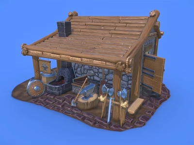 Cartoon Wooden Cabin Scene with Stone Wall Axe Hoe Wheel and Barrel 3d model