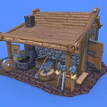 Cartoon Wooden Cabin Scene with Stone Wall Axe Hoe Wheel and Barrel