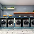 Modern Laundry Room Interior With Washing Machines Shelves And Plants