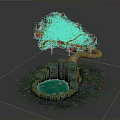 Blue Stone Building Structures With Green Pool Red Leaved Tree Grass And Scattered Red Petals