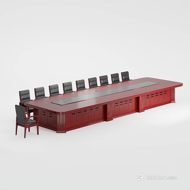 Dark Red Wooden Conference Table With Long Rectangular Top And Black Chairs 3d model