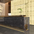 Modern Reception Desk Interior Design With Elegant Marble Wall Black Countertop And Pendant Lighting