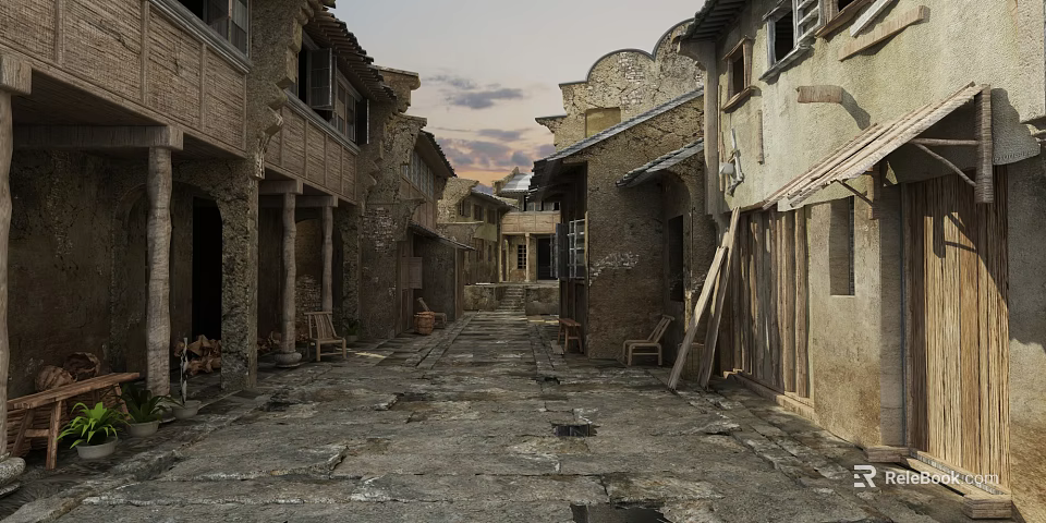 Ancient Architecture Lined Narrow Street With Stone Pavement And Wooden Structures 3d model 