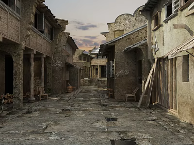 Ancient Architecture Lined Narrow Street With Stone Pavement And Wooden Structures 3d model